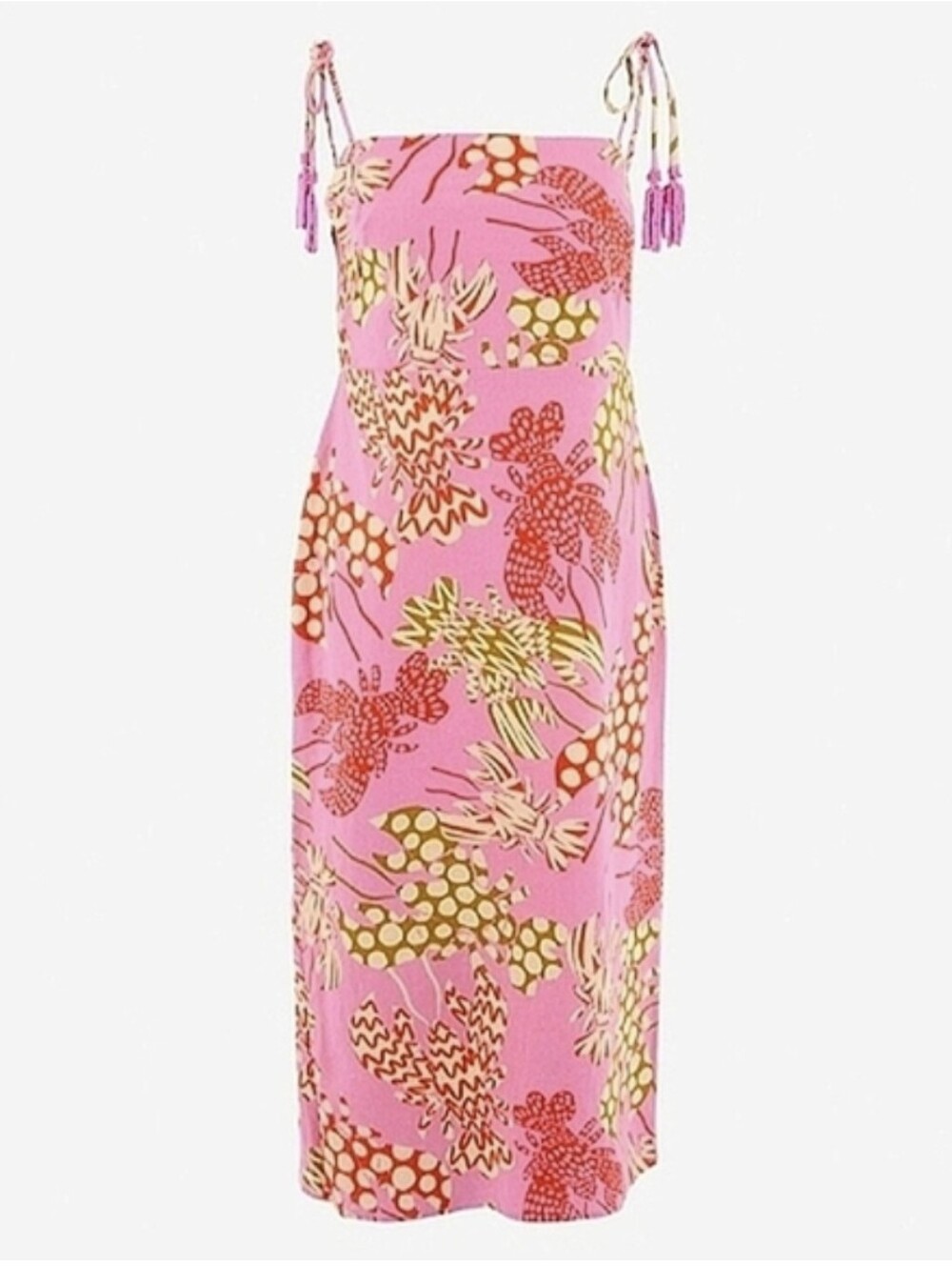 Pink Printed Slip Dress Faux Tie Beaded Spaghetti Straps Size XS Rachel Zoe